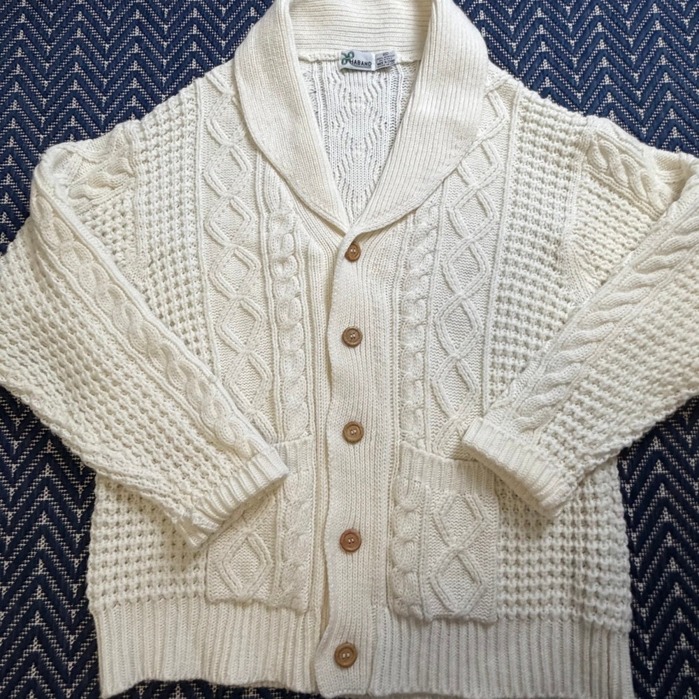 Cable Knit Shawl Collar Cardigan Mens 2XL Cream Fisherman Button Front Sweater